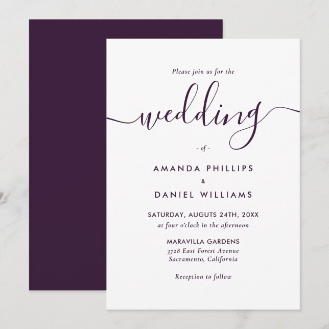 Invitación Elegante Boda púrpura de escritura moderna (Anverso / Reverso)