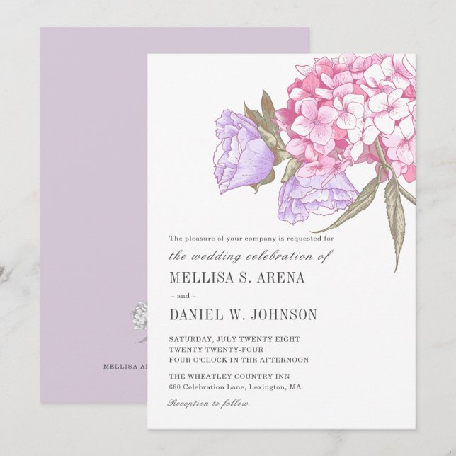 Invitación Elegante Boda Púrpura Floral Rosa (Anverso / Reverso)