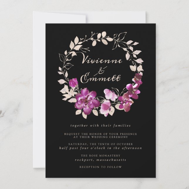 Invitación Elegante Boda Púrpura Floral Rosa (Anverso)