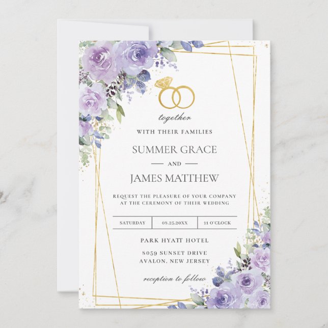 Invitación Elegante Boda Púrpura Lilac Floral Anillos de Oro (Anverso)