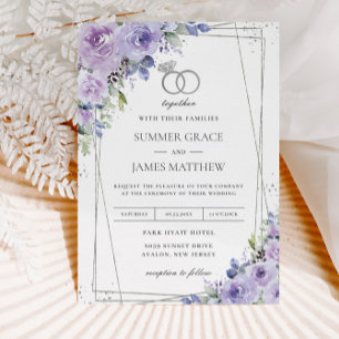 Invitación Elegante Boda Púrpura Lilac Floral Silver Rings