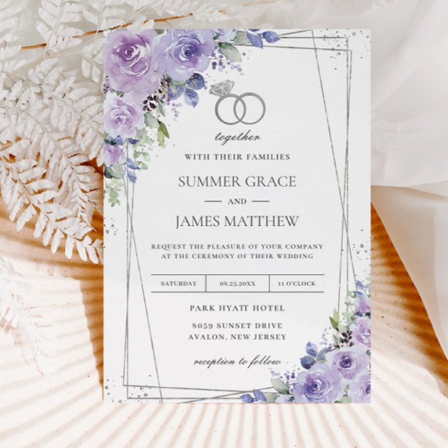 Invitación Elegante Boda Púrpura Lilac Floral Silver Rings (Subido por el creador)