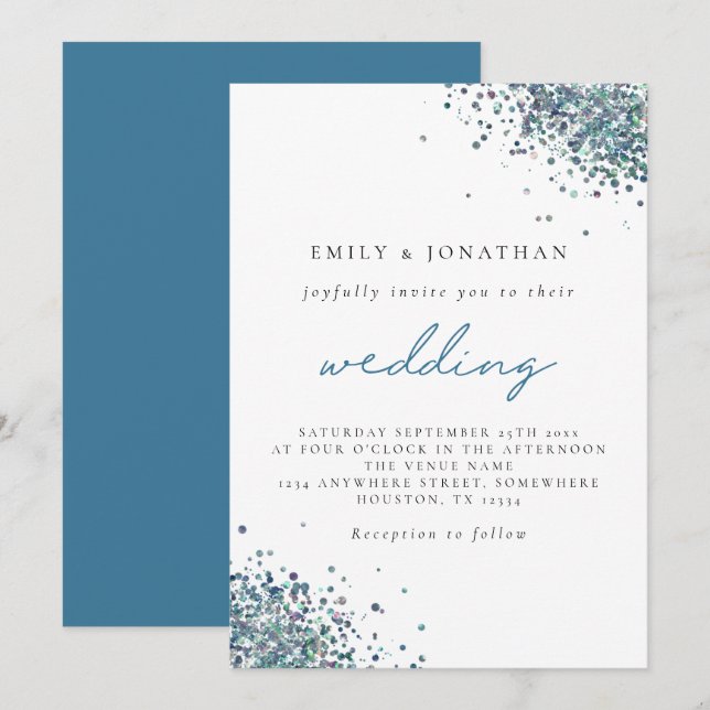 Invitación Elegante Boda Purpurina azul pavo real (Anverso / Reverso)