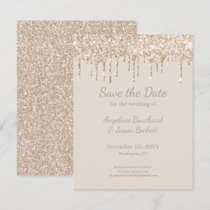 Invitación Elegante Boda Purpurina Champagne Salva La Fecha