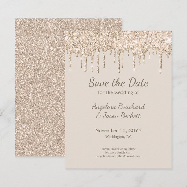 Invitación Elegante Boda Purpurina Champagne Salva La Fecha (Anverso / Reverso)