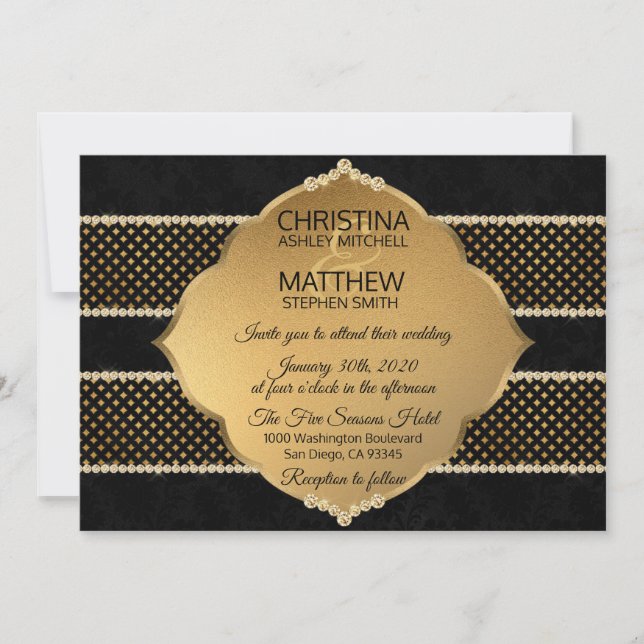 Invitación Elegante BODA Purpurina de diamantes de oro negro (Anverso)