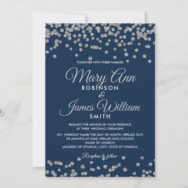 Invitación Elegante Boda Purpurina de Faux Plata Armada Confe (Anverso)