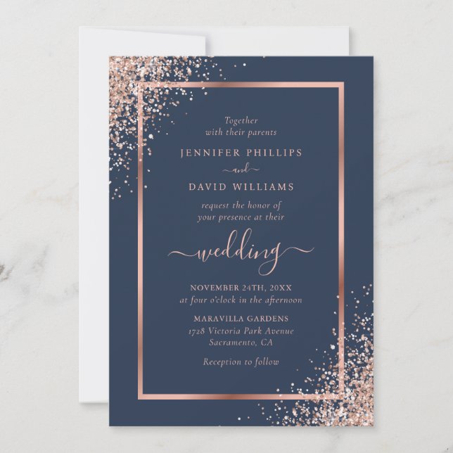 Invitación Elegante Boda Purpurina de la Marina Azul y Rosa O (Anverso)