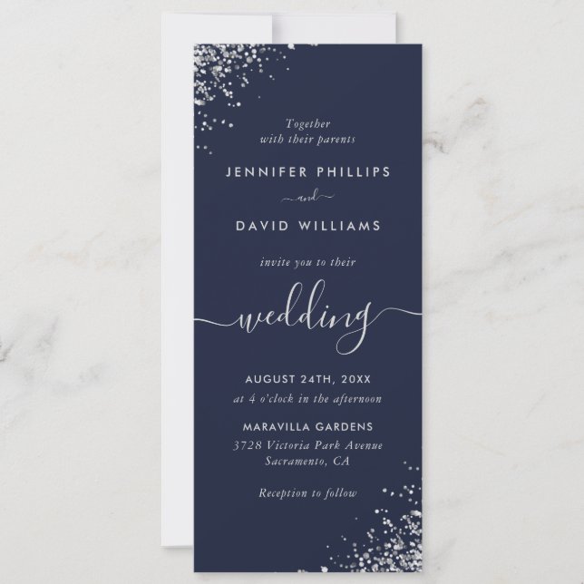 Invitación Elegante Boda Purpurina de la Marina de Plata Azul (Anverso)