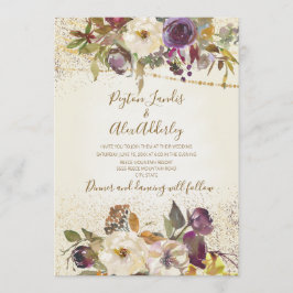 Invitación Elegante Boda Purpurina de marfil-crema morado flo
