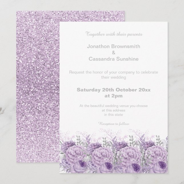 INVITACIÓN ELEGANTE BODA PURPURINA DE MÁRMOL FLORAL PURPLE (Anverso / Reverso)