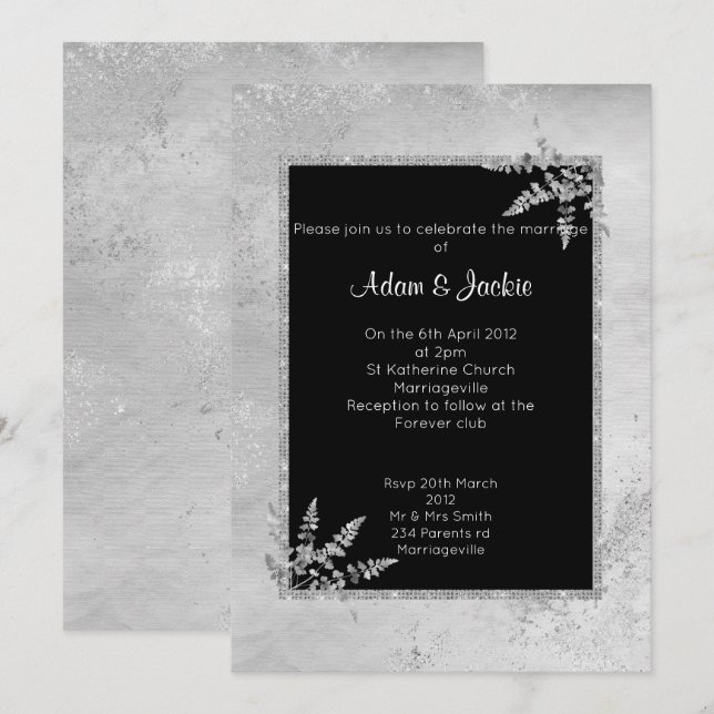 INVITACIÓN ELEGANTE BODA PURPURINA DE MÁRMOL NEGRO DE PLATA (Anverso / Reverso)