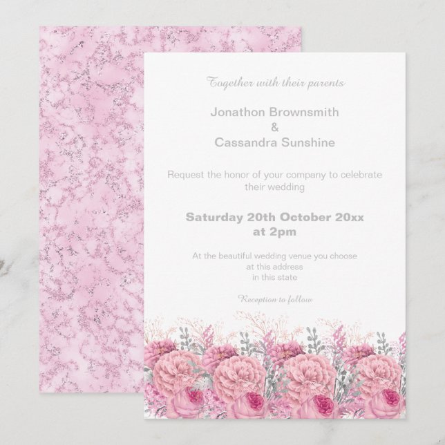 INVITACIÓN ELEGANTE BODA PURPURINA DE MÁRMOL ROSA DE BONITO (Anverso / Reverso)
