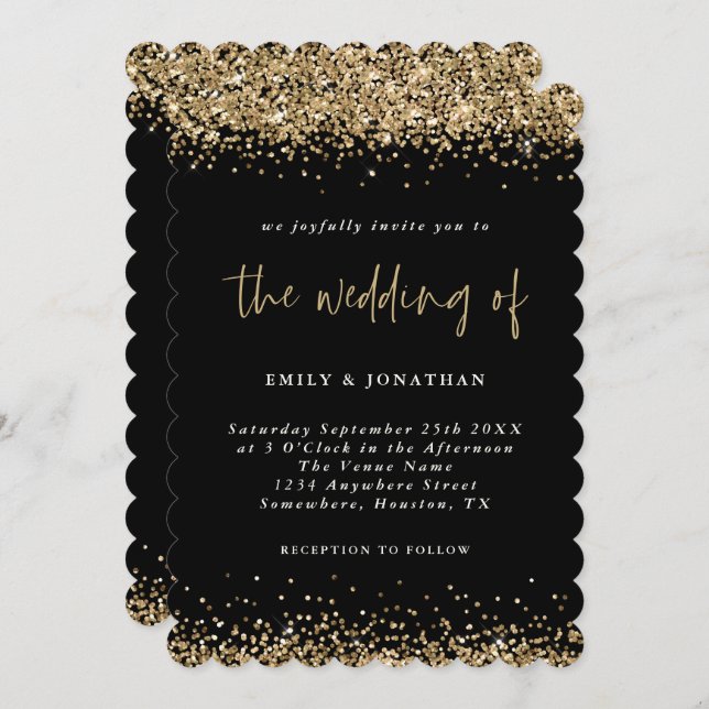 Invitación Elegante Boda Purpurina de Oro Negro Fronteras (Anverso / Reverso)