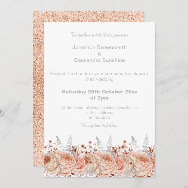 INVITACIÓN ELEGANTE BODA PURPURINA DE PEACH APRICOT FLORAL (Anverso / Reverso)