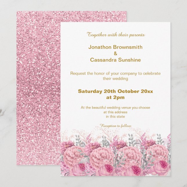 INVITACIÓN ELEGANTE BODA PURPURINA DE PINK PINK (Anverso / Reverso)