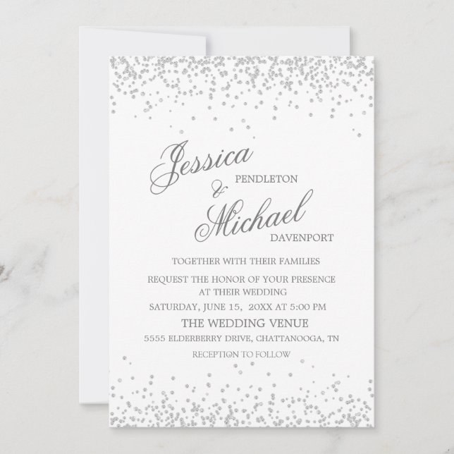 Invitación Elegante Boda Purpurina de Plata Blanca (Anverso)