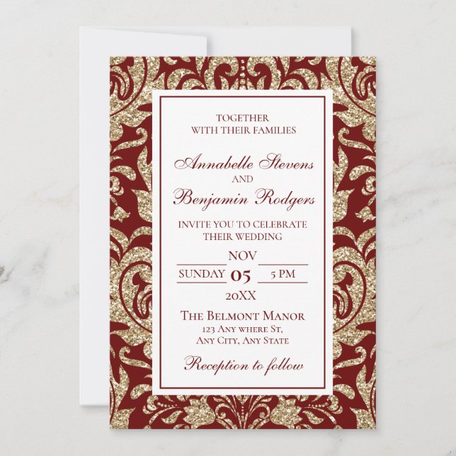 Invitación Elegante Boda Purpurina de Wine Red y Gold Faux (Anverso)