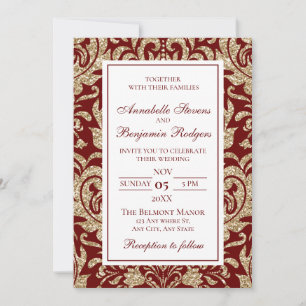 Invitación Elegante Boda Purpurina de Wine Red y Gold Faux