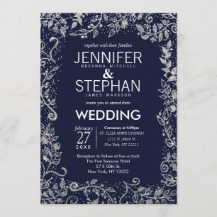 Invitación Elegante Boda Purpurina floral de la Marina Azul P