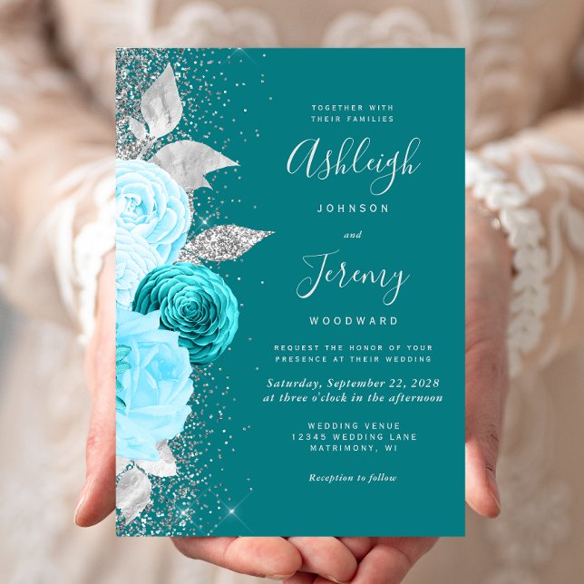 Invitación Elegante Boda Purpurina floral turquesa plateado (Subido por el creador)