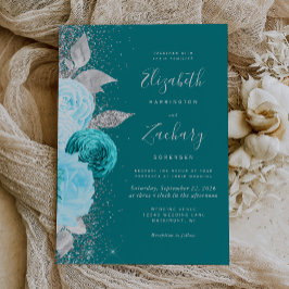 Invitación Elegante Boda Purpurina floral turquesa plateado