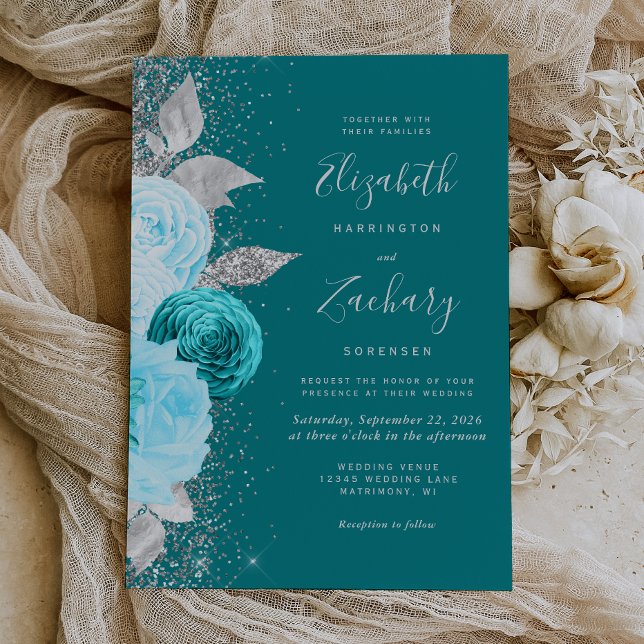Invitación Elegante Boda Purpurina floral turquesa plateado (An elegant choice for a floral themed wedding with a turquoise and silver color palette.)