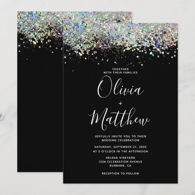 Invitación Elegante Boda Purpurina holográfico negro (Anverso / Reverso)