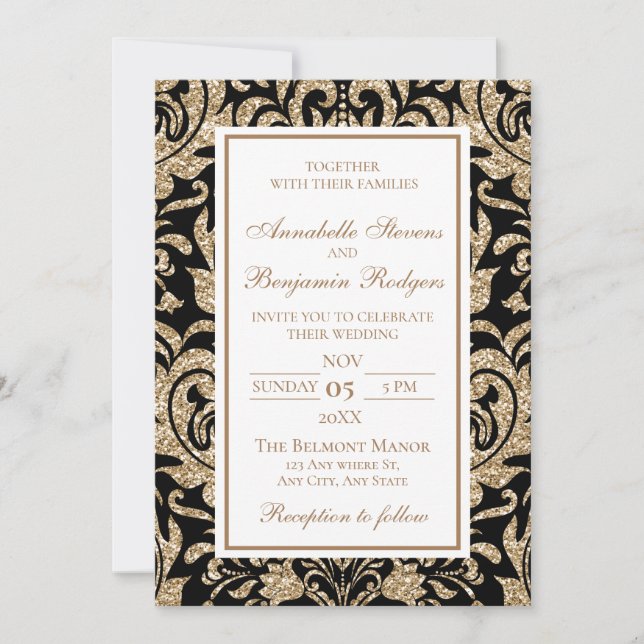 Invitación Elegante Boda Purpurina negro y falso oro (Anverso)