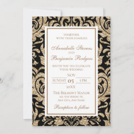 Invitación Elegante Boda Purpurina negro y falso oro