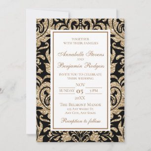 Invitación Elegante Boda Purpurina negro y falso oro