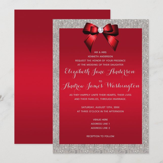 Invitación Elegante Boda Purpurina rojo y plateado (Anverso / Reverso)