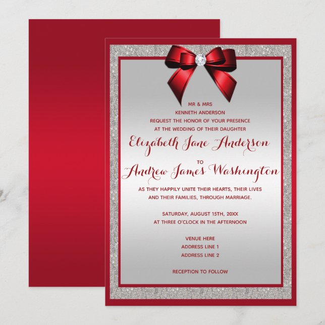 Invitación Elegante Boda Purpurina rojo y plateado (Anverso / Reverso)