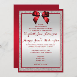 Invitación Elegante Boda Purpurina rojo y plateado