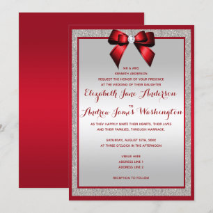 Invitación Elegante Boda Purpurina rojo y plateado