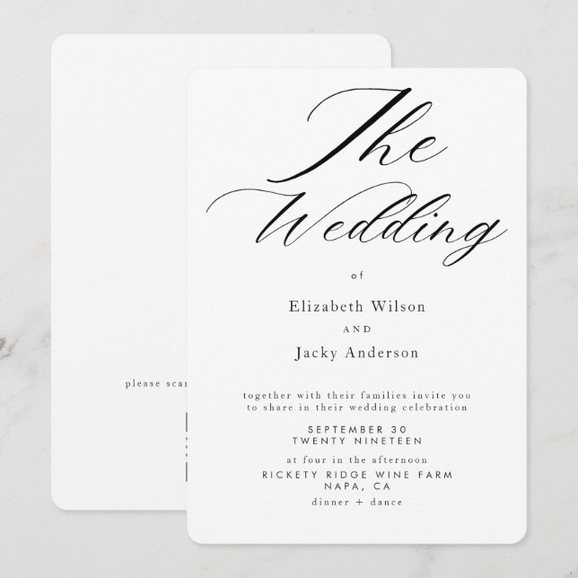 Invitación Elegante boda QR code clásico en blanco y negro (Anverso / Reverso)