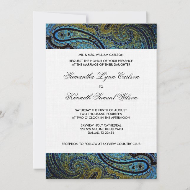 Invitación Elegante Boda Real Azul Pavo Real Paisley (Anverso)