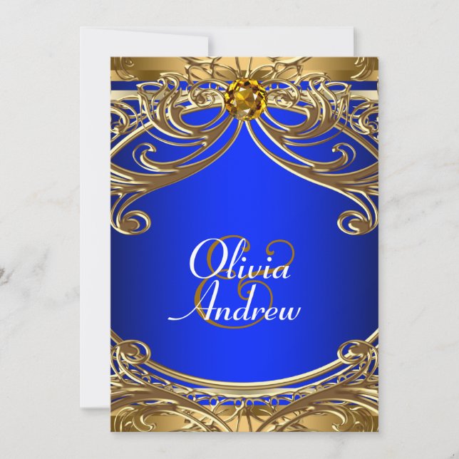 Invitación Elegante Boda Real Azul y Oro (Anverso)