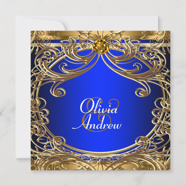 Invitación Elegante Boda Real Azul y Oro (Anverso)