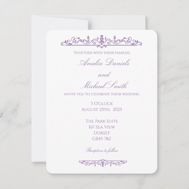 Invitación Elegante Boda Regencia Morado y Blanco  (Anverso)