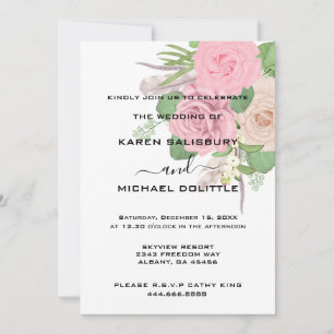 Invitación Elegante Boda Retro Boho Floral Rosa Bouquet
