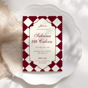 Invitación Elegante Boda Retro de Cuadros Burgundy