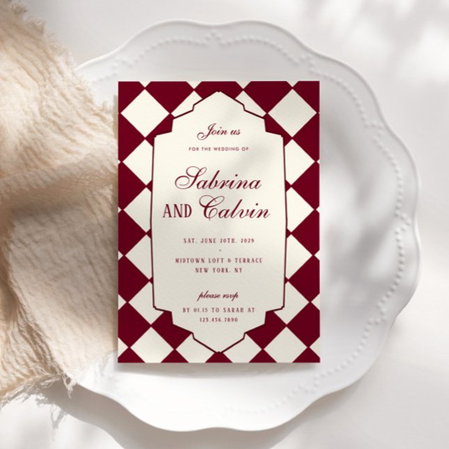 Invitación Elegante Boda Retro de Cuadros Burgundy (Subido por el creador)