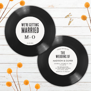 Invitación Elegante Boda Retro de Vinilo Negro y Blanco
