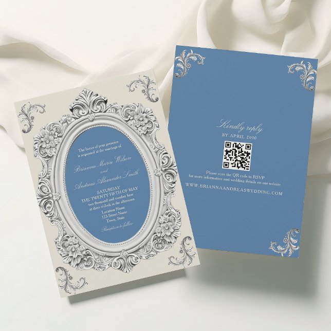 Invitación Elegante Boda Rococó de Azul Polvoriento (Subido por el creador)