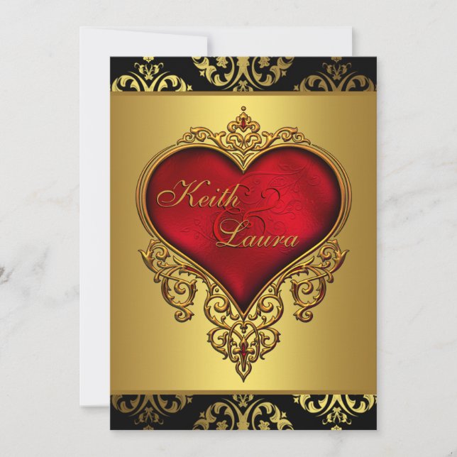 Invitación Elegante boda roja, negra y dorada (Anverso)