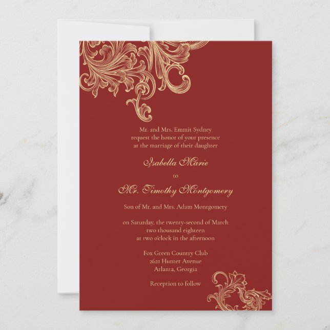 Invitación Elegante Boda rojo brillante nombres de padres (Anverso)