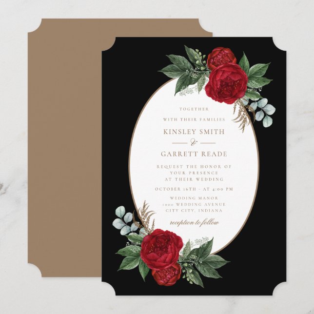 Invitación Elegante Boda rojo floral negro y oro (Anverso / Reverso)