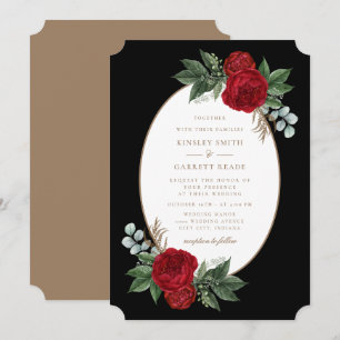 Invitación Elegante Boda rojo floral negro y oro