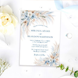 Invitación Elegante Boda Romántica Azul Floral Boho